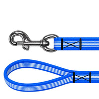 Gummierte Führleine in Mittelblau mit weißen Streifen: Karabiner und Handschlaufe mit Kreuznaht