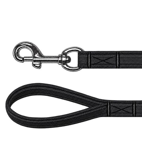 Gummierte Führleine in Schwarz mit grauen Gummistreifen: Karabiner und Handschlaufe mit Kreuznaht