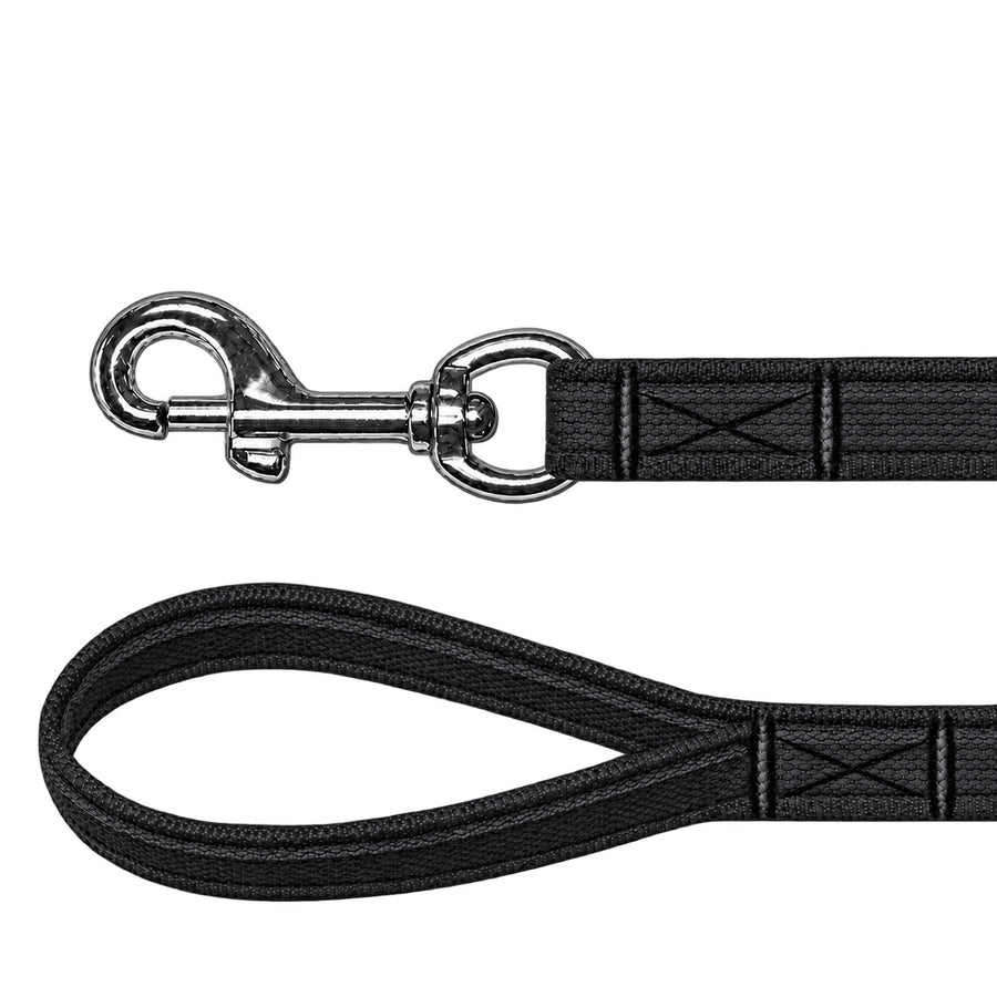 Gummierte Führleine in Schwarz mit grauen Gummistreifen: Karabiner und Handschlaufe mit Kreuznaht
