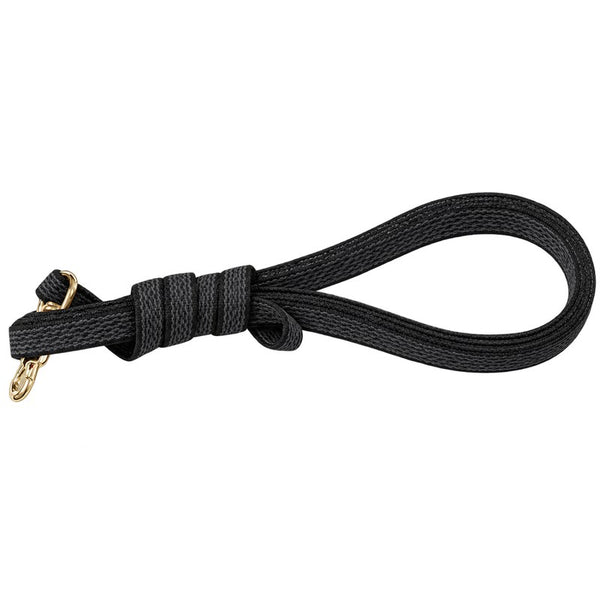 Gummierte Schleppleine in Schwarz mit grauem Gewebemuster, zusammengelegt, goldfarbener Karabiner