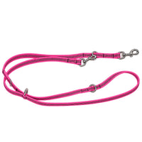 Verstellbare gummierte Leine in Rosa mit dunklen Streifen, längere Variante mit drei Ringen und zwei Karabinern