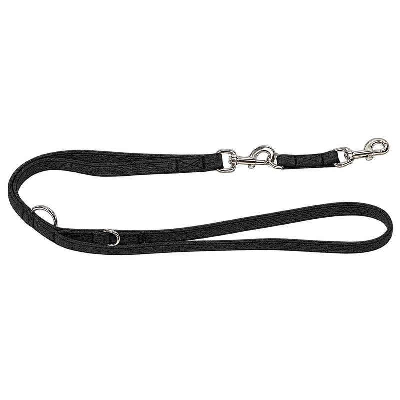 Verstellbare gummierte Leine in Schwarz, zwei silberne Karabiner und zwei Ringe