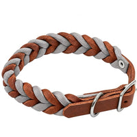 Geflochtenes Fettleder-Halsband Braidy bicolor in Dunkelbraun und Grau mit Schnalle und D-Ring in Chrom