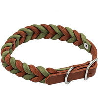Geflochtenes Fettleder-Halsband Braidy bicolor in Dunkelbraun und Oliv mit Schnalle und D-Ring in Chrom