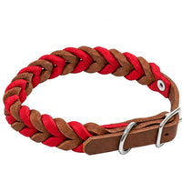 Geflochtenes Fettleder-Halsband Braidy bicolor in Dunkelbraun und Rot mit Schnalle und D-Ring in Chrom