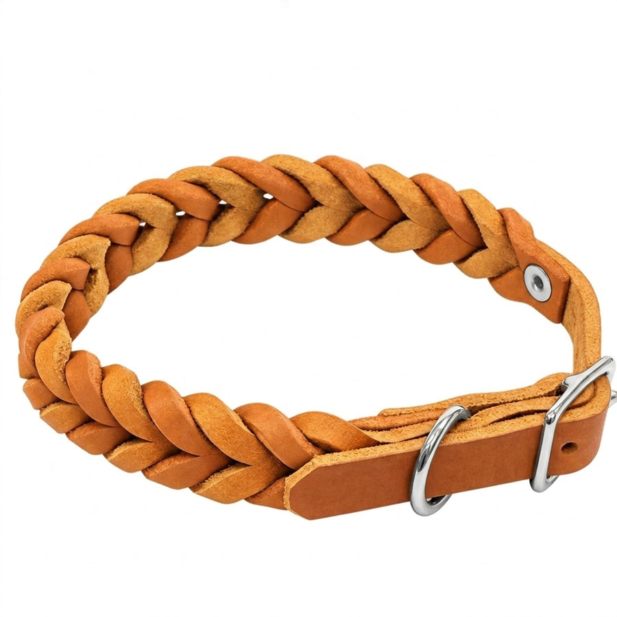 Geflochtenes Fettleder-Halsband Braidy bicolor in Hellbraun und Cognac mit Schnalle und D-Ring in Chrom