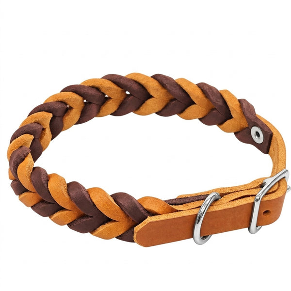 Geflochtenes Fettleder-Halsband Braidy bicolor in Hellbraun und Dunkelbraun mit Schnalle und D-Ring in Chrom