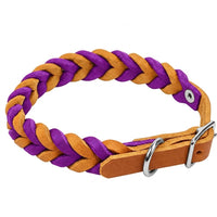 Geflochtenes Fettleder-Halsband Braidy bicolor in Hellbraun und Lila mit Schnalle und D-Ring in Chrom