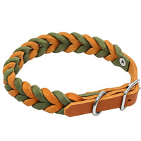 Geflochtenes Fettleder-Halsband Braidy bicolor in Hellbraun und Oliv mit Schnalle und D-Ring in Chrom