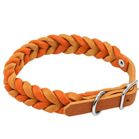 Geflochtenes Fettleder-Halsband Braidy bicolor in Hellbraun und Orange mit Schnalle und D-Ring in Chrom