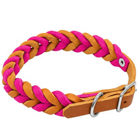 Geflochtenes Fettleder-Halsband Braidy bicolor in Hellbraun und Pink mit Schnalle und D-Ring in Chrom