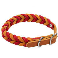 Geflochtenes Fettleder-Halsband Braidy bicolor in Hellbraun und Rot mit Schnalle und D-Ring in Chrom