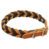 Geflochtenes Fettleder-Halsband Braidy bicolor in Hellbraun und Schwarz mit Schnalle und D-Ring in Chrom