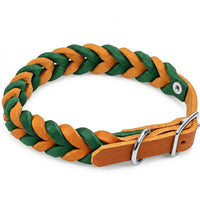 Geflochtenes Fettleder-Halsband Braidy bicolor in Hellbraun und Tannengrün mit Schnalle und D-Ring in Chrom