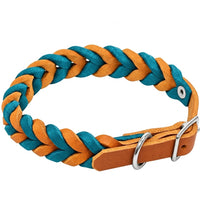 Geflochtenes Fettleder-Halsband Braidy bicolor in Hellbraun und Türkis mit Schnalle und D-Ring in Chrom