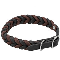 Geflochtenes Fettleder-Halsband Braidy bicolor in Schwarz und Dunkelbraun mit Schnalle und D-Ring in Chrom