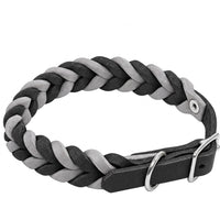 Geflochtenes Fettleder-Halsband Braidy bicolor in Schwarz und Grau mit Schnalle und D-Ring in Chrom