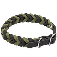 Geflochtenes Fettleder-Halsband Braidy bicolor in Schwarz und Oliv mit Schnalle und D-Ring in Chrom