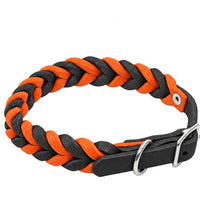 Geflochtenes Fettleder-Halsband Braidy bicolor in Schwarz und Orange mit Schnalle und D-Ring in Chrom