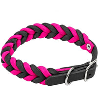 Geflochtenes Fettleder-Halsband Braidy bicolor in Schwarz und Pink mit Schnalle und D-Ring in Chrom
