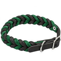 Geflochtenes Fettleder-Halsband Braidy bicolor in Schwarz und Tannengrün mit Schnalle und D-Ring in Chrom