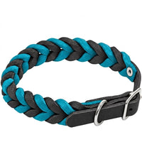 Geflochtenes Fettleder-Halsband Braidy bicolor in Schwarz und Türkis mit Schnalle und D-Ring in Chrom