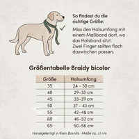 Größentabelle Braidy bicolor: Halsumfang je Größe 35 bis 65 und Messanleitung
