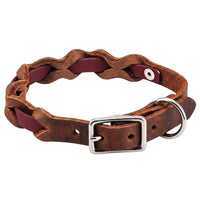 Halsband „Braidy Farbrausch“ in Bordeaux, geflochten mit dunkelbraunem Fettleder, Schnalle und D-Ring in Chrom
