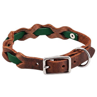Halsband „Braidy Farbrausch“ in Dunkelgrün, geflochten mit dunkelbraunem Fettleder, Schnalle und D-Ring in Chrom