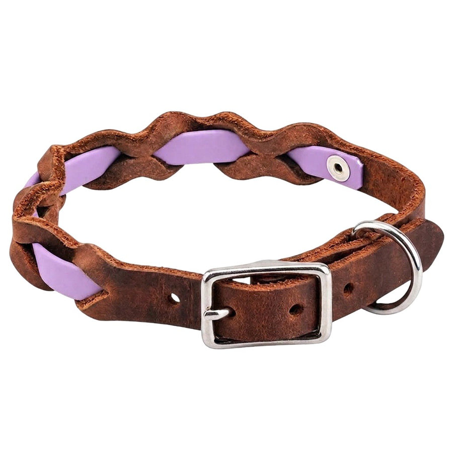 Halsband „Braidy Farbrausch“ in Flieder, geflochten mit dunkelbraunem Fettleder, Schnalle und D-Ring in Chrom