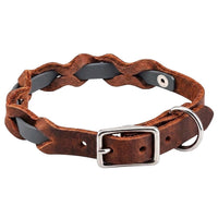 Halsband „Braidy Farbrausch“ in Grau, geflochten mit dunkelbraunem Fettleder, Schnalle und D-Ring in Chrom
