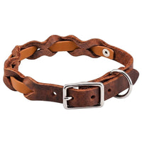Halsband „Braidy Farbrausch“ in Hellbraun, geflochten mit dunkelbraunem Fettleder, Schnalle und D-Ring in Chrom