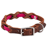 Halsband „Braidy Farbrausch“ in Himbeer, geflochten mit dunkelbraunem Fettleder, Schnalle und D-Ring in Chrom