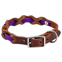 Halsband „Braidy Farbrausch“ in Lila, geflochten mit dunkelbraunem Fettleder, Schnalle und D-Ring in Chrom