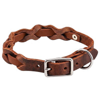 Halsband „Braidy Farbrausch“ in Mittelbraun, geflochten mit dunkelbraunem Fettleder, Schnalle und D-Ring in Chrom