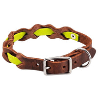 Halsband „Braidy Farbrausch“ in Neon-gelb, geflochten mit dunkelbraunem Fettleder, Schnalle und D-Ring in Chrom