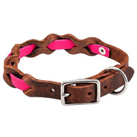 Halsband „Braidy Farbrausch“ in Neon-pink, geflochten mit dunkelbraunem Fettleder, Schnalle und D-Ring in Chrom