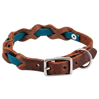Halsband „Braidy Farbrausch“ in Petrol, geflochten mit dunkelbraunem Fettleder, Schnalle und D-Ring in Chrom