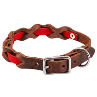 Halsband „Braidy Farbrausch“ in Rot, geflochten mit dunkelbraunem Fettleder, Schnalle und D-Ring in Chrom