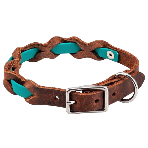 Halsband „Braidy Farbrausch“ in Türkis, geflochten mit dunkelbraunem Fettleder, Schnalle und D-Ring in Chrom