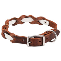 Halsband „Braidy Farbrausch“ in Weiß, geflochten mit dunkelbraunem Fettleder, Schnalle und D-Ring in Chrom