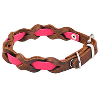 Halsband „Braidy Farbrausch“ in Rosa, geflochten mit braunem Fettleder, silberne Schnalle