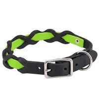 Halsband „Braidy Farbrausch“ in Apfelgrün, geflochten mit schwarzem Fettleder, Schnalle und D-Ring in Chrom