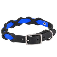 Halsband „Braidy Farbrausch“ in Blau, geflochten mit schwarzem Fettleder, Schnalle und D-Ring in Chrom