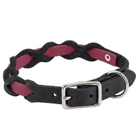Halsband „Braidy Farbrausch“ in Bordeaux, geflochten mit schwarzem Fettleder, Schnalle und D-Ring in Chrom