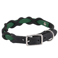 Halsband „Braidy Farbrausch“ in Dunkelgrün, geflochten mit schwarzem Fettleder, Schnalle und D-Ring in Chrom