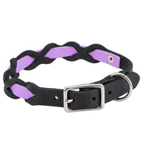 Halsband „Braidy Farbrausch“ in Flieder, geflochten mit schwarzem Fettleder, Schnalle und D-Ring in Chrom