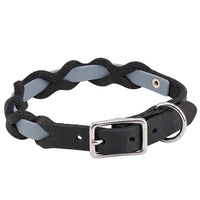 Halsband „Braidy Farbrausch“ in Grau, geflochten mit schwarzem Fettleder, Schnalle und D-Ring in Chrom