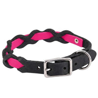 Halsband „Braidy Farbrausch“ in Himbeer, geflochten mit schwarzem Fettleder, Schnalle und D-Ring in Chrom