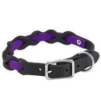 Halsband „Braidy Farbrausch“ in Lila, geflochten mit schwarzem Fettleder, Schnalle und D-Ring in Chrom